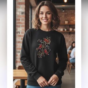 Black sweatshirt with beaded cardinals on front